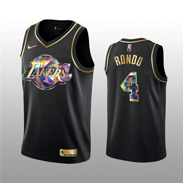 Men's Los Angeles Lakers #4 Rajon Rondo 2021/22 Black Golden Edition 75th Anniversary Diamond Logo Stitched Basketball Jersey Men's Los Angeles Lakers #4 Rajon Rondo 2021/22 Black Golden Edition 75th Anniversary Diamond Logo Stitched Basketball Jersey